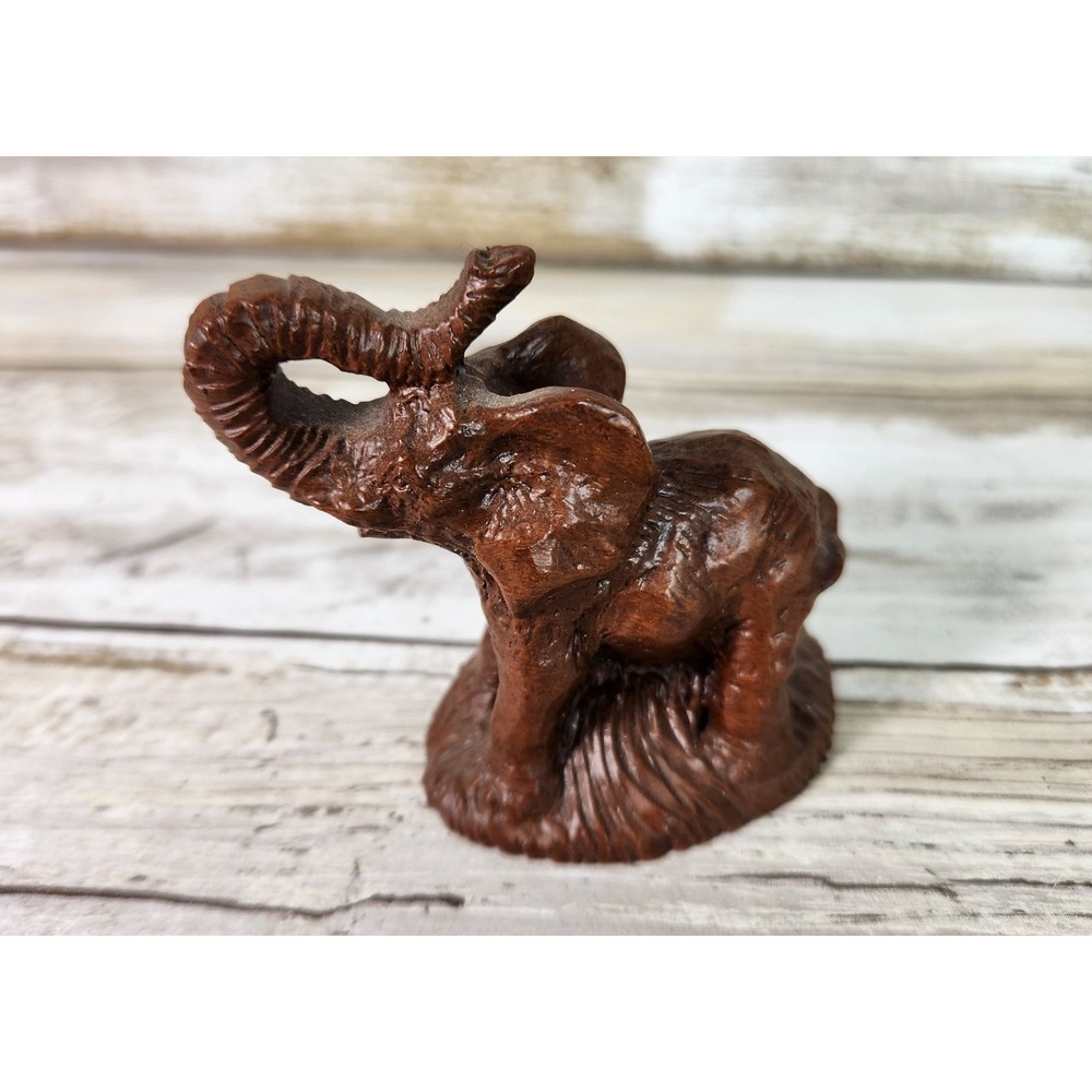 Carved Baby Elephant Raised Trunk‎ Miniature Brown Figurine Statue Safari